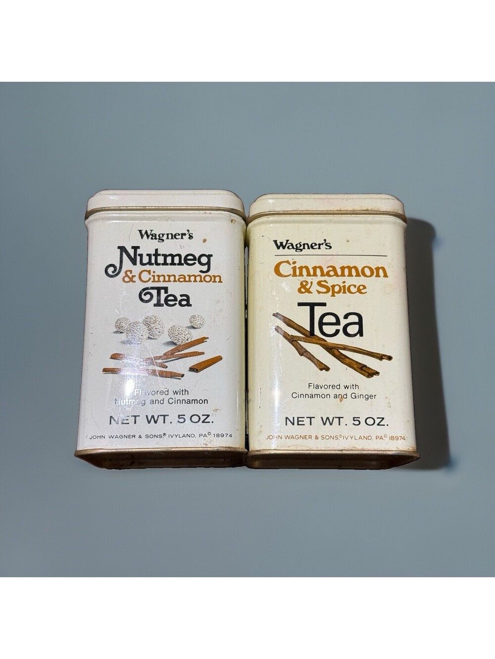 John Wagner & Sons Tea Tins 5oz Cream Vintage Spice Nutmeg Cinnamon Set of 2